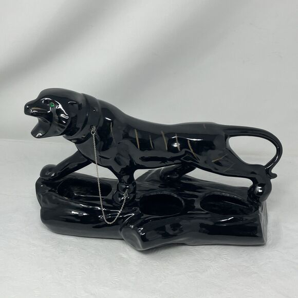 50s Mid Century Ceramic Black Panther Planter with Green Rhinestone Eyes & Chain - Picture 1 of 16